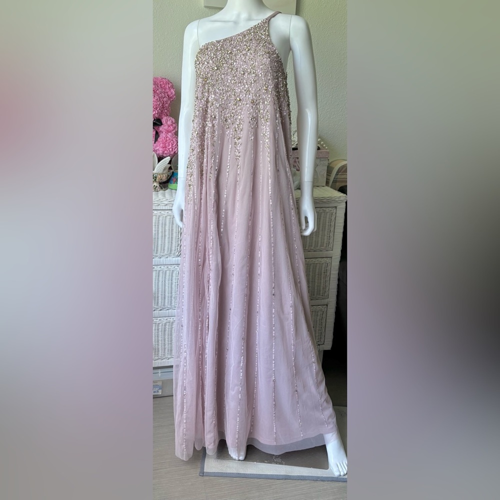 Mac Duggal One-Shoulder Blush Pink Beaded Evening Gown